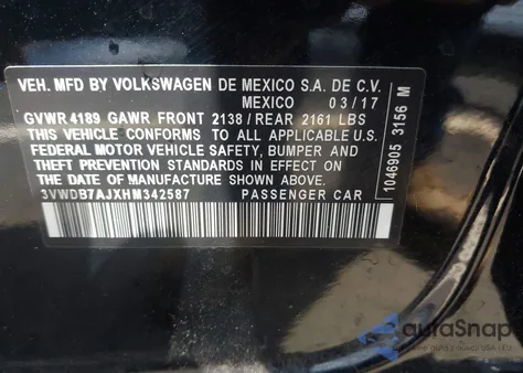 2017 Volkswagen Jetta 1.4T Se z USA, uszkodzony, nr VIN 3VWDB7AJXHM342587